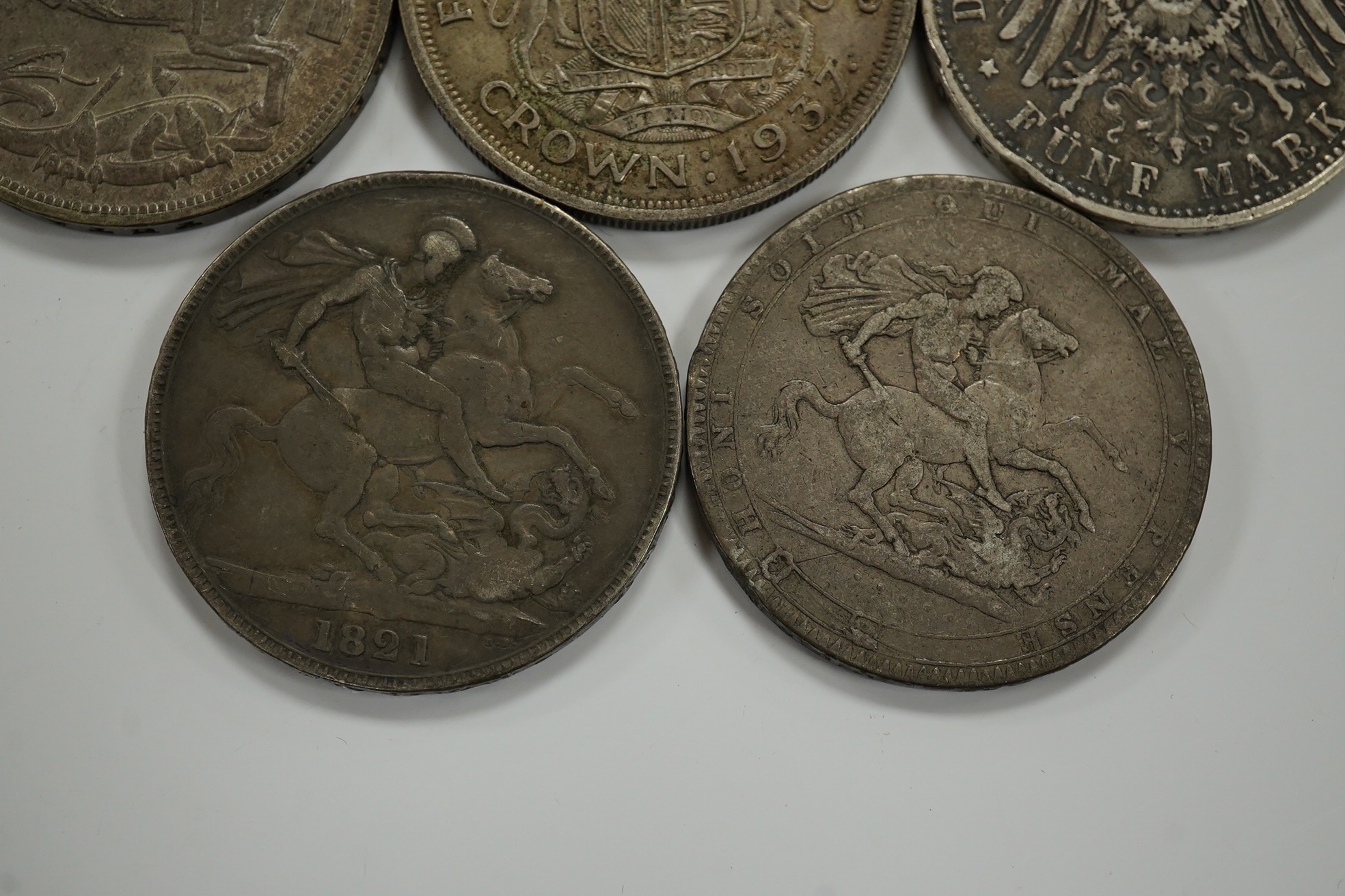 British silver coins, George III to George VI, crowns comprising 1818, 1821, 1819, three x 1935, together with a Bavarian States silver 5 mark 1908